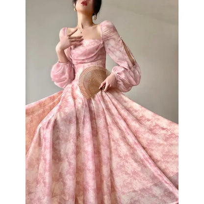 Pink Floral Dress Summer Woman Long Sleeve Chiffon Casual Midi Dress Even Party Elegant Formal Dress Beach Style 2025 Summer