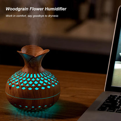 300ML Wood Grain Flower Humidifier Silent Aromatherapy Diffuser USB Rechargeable Mini Air Humidifier with Colorful Night Light