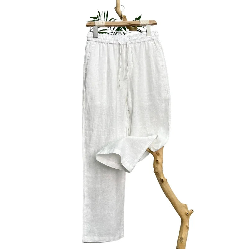 Linen Natural Pure Skin Breathable Summer Pure Color Fashion Linen Slim Fit Men Loose 100% Linen Straight Flax Casual Pants