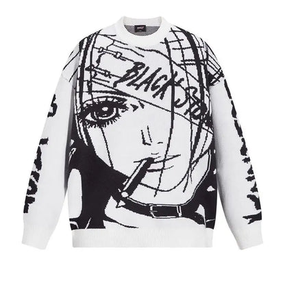 Oversized Sweater Men Women Harajuku Anime Girl Graffiti Vintage Knitted Sweater 2025 Winter Unisex Cotton Pullover Streetwear