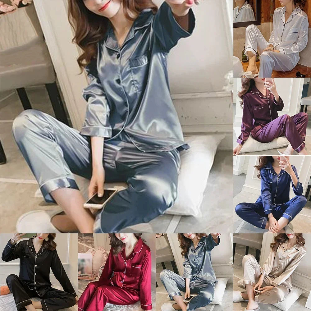 Women Satin Long Sleeve Pajama Set Lapel Top And Pants Solid Pajamas Loungewear 2025 New Arrival Drop-shipping