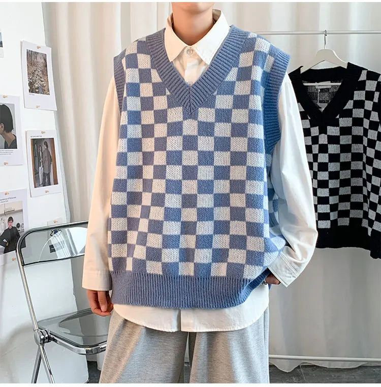 Men Knitted V Neck Japanese Vintage Loose Sleeveless Plaid Vests Chic Pullovers Chaleco Hombre Blue Checkerboard Sweater Vest