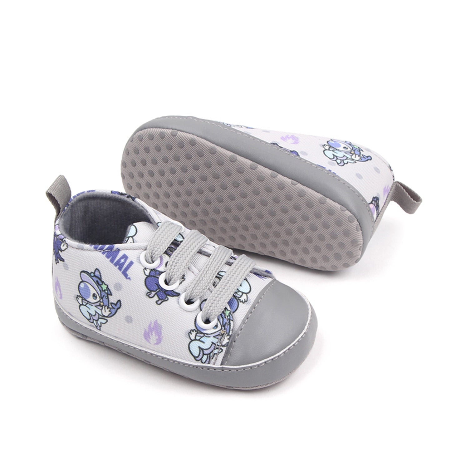 BeQeuewll Baby Boys Girls Crib Shoes Cartoon Print Tie-Up Sneakers Non-Slip Infant First Walkers For 0-18 Months