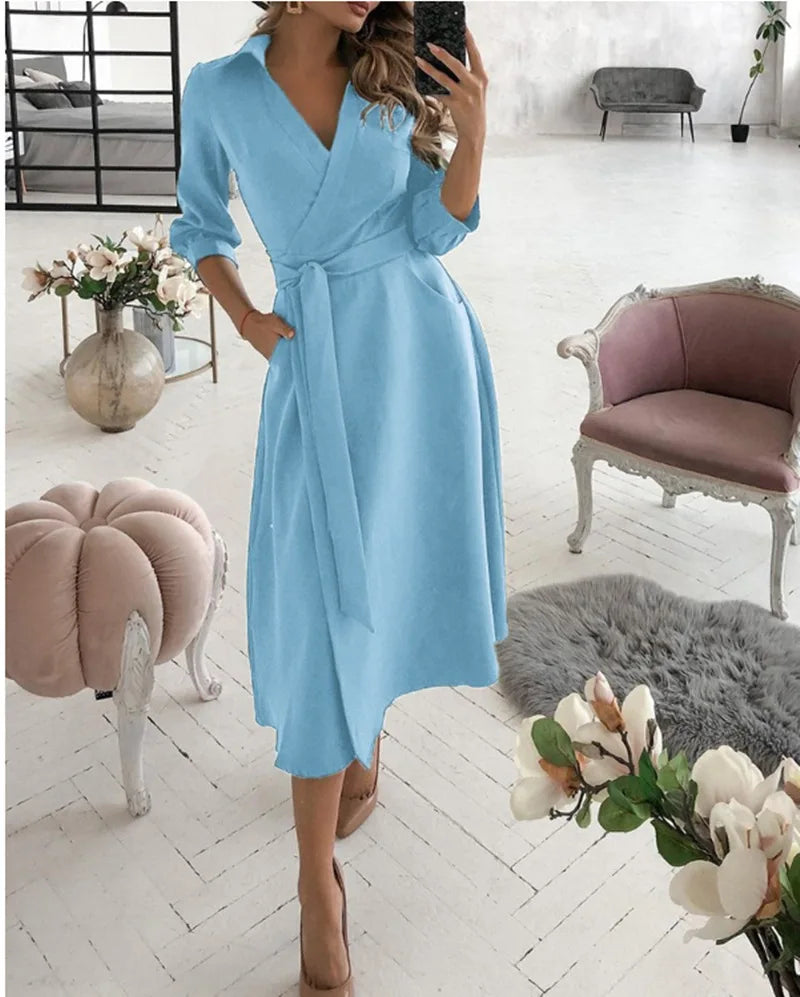 Office Women Casual Sashes A-Line Wrap Summer Dress 2025 Print Long Sleeve V-Neck Dress Pocket Elegant Midi Party Dress Vestidos