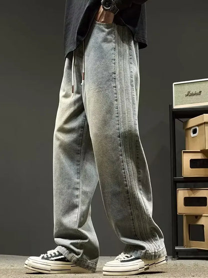 New American Retro Black Straight-leg Jeans For Men High-street Washed Fashionable Loose Wide-leg Floor-length Trousers Clothing