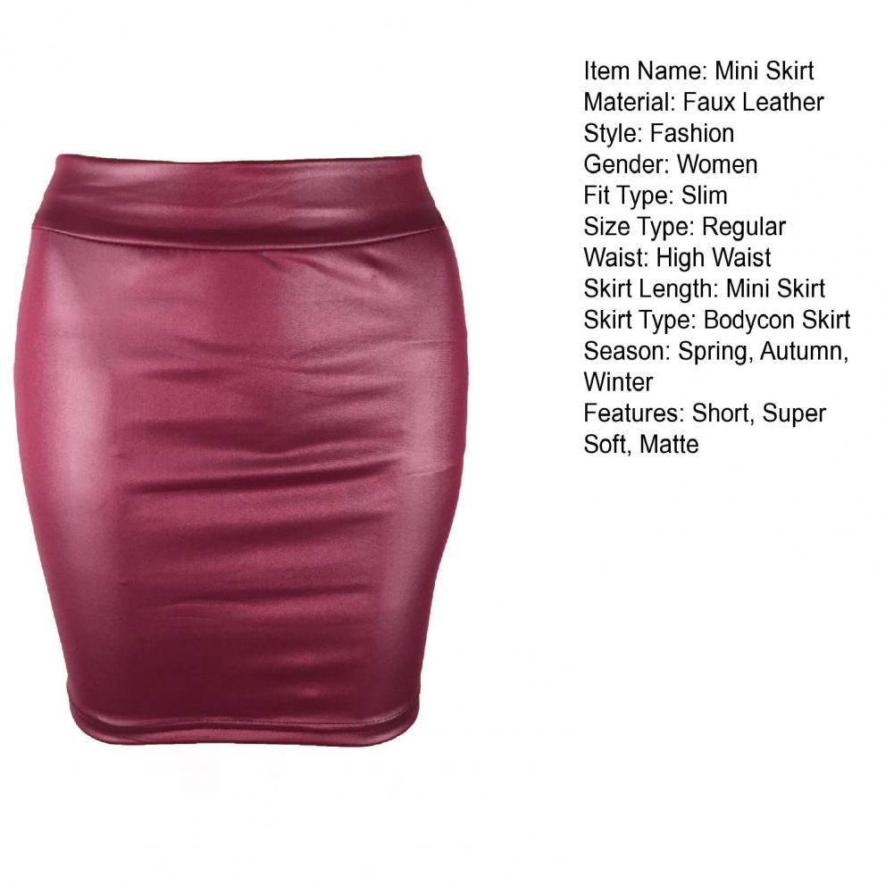 Women Mini Skirt Solid Color High Waist Slim Fit Skinny Matte Faux Leather Cozy Commuter Bodycon Skirt OL Office Pencil Skirts
