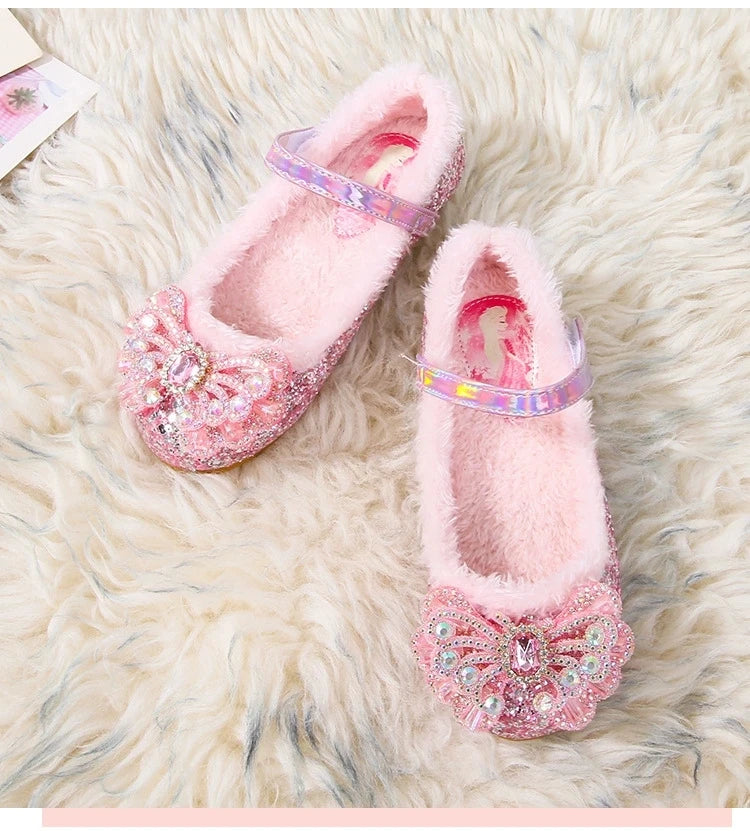 Disney Autumn Fashion Pearl Bow Rhinestone Frozen Elsa Princess Girl Shoes Flat Kids Princess Warm Winter Shoes Size 23-36