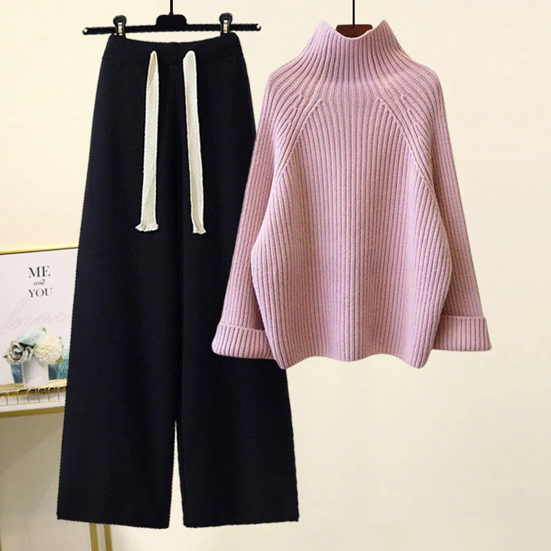 Winter Warm Knit wears Sets For Women Turtleneck Long Sleeve Pullover Sweater+ high Waist Wide Leg Drawstring Knitted Pants Sets