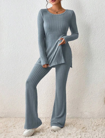 Autumn Winter Women's Clothing New Style Solid Color Sexy Casual Long Sleeved Round Neck Slit Fashion Temperament Two-piece Set