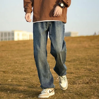 New Retro Washed Large Medium High Waist Men's Straight Blue Men's Trendy Denim Long Pants Men's Clothing Pantalon Homme Jean