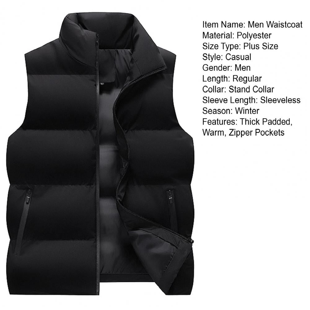 Men Waistcoat Thick Padded Cotton Vest Windproof Sleeveless Winter Outerwear Neck Zipper Cardigan Men Winter Coat
