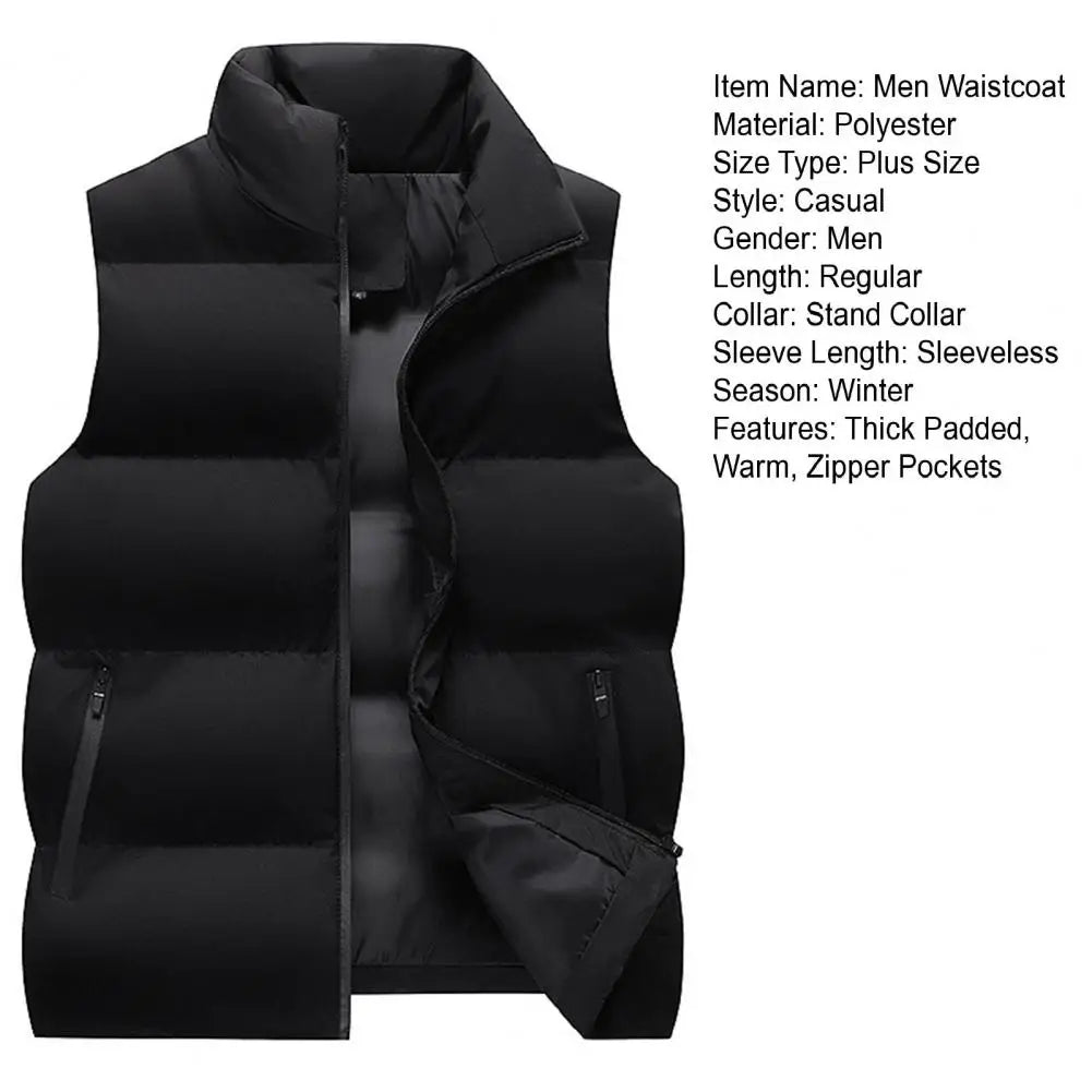 Men Waistcoat Thick Padded Cotton Vest Windproof Sleeveless Winter Outerwear Neck Zipper Cardigan Men Winter Coat