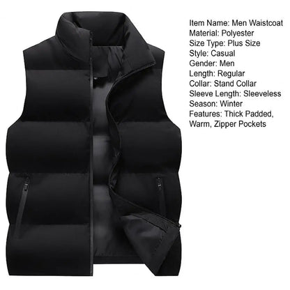 Men Waistcoat Thick Padded Cotton Vest Windproof Sleeveless Winter Outerwear Neck Zipper Cardigan Men Winter Coat