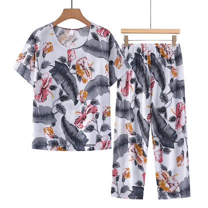 Korean Reviews Many Pajamas Set Summer Women 2 Piece Set Outfit Thin Grandma Pajama Sets Big Size Pajama Printing Home Wear