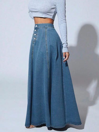Denim Skirts Women Long Skirt A Line Single Breasted High Waist Jeans Vintage Maxi Simple Casual Elegant Splice Y2k Streetwear