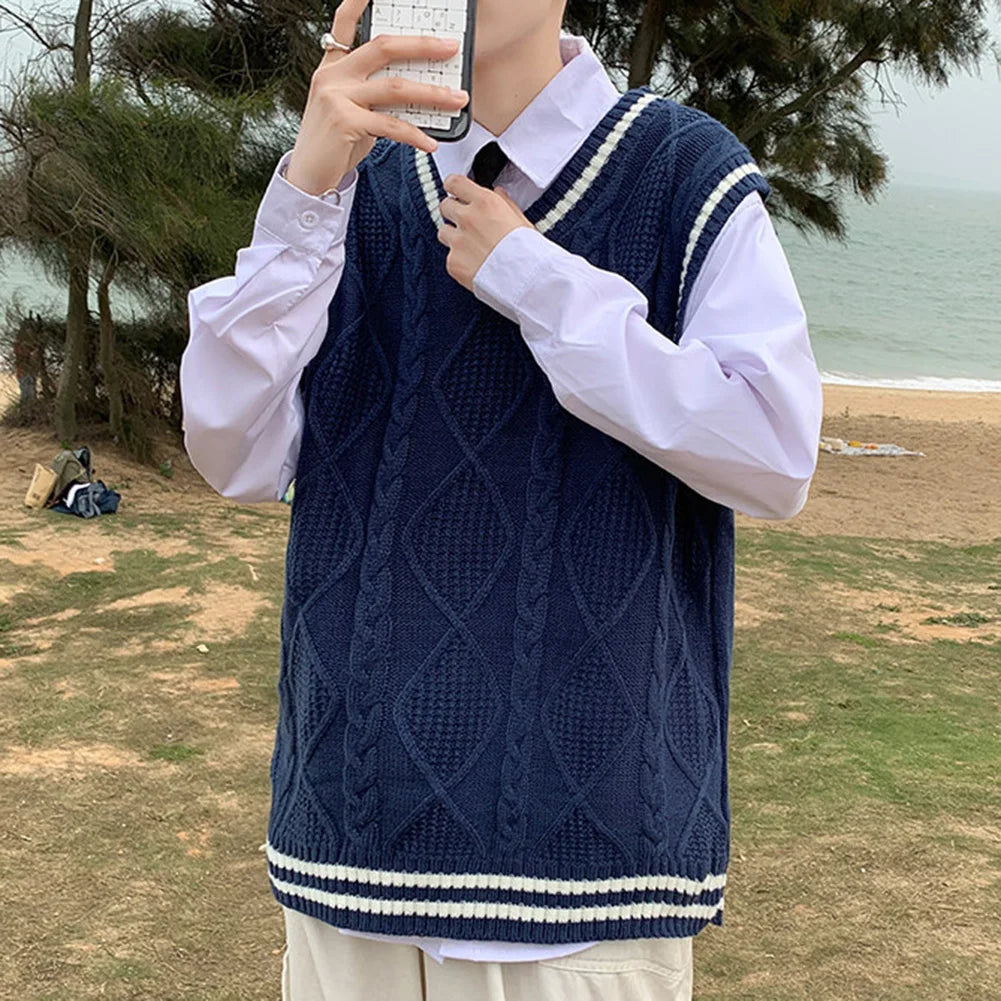 Men's Classic Contrast Color Thermal V-Neck Comfortable Cardigan Sleeveless Slight Stretch Solid Vest Simple Loose Waistcoat Tops