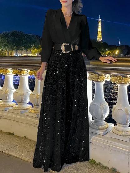 BWQ Splice Sequins Maxi Dresses For Women Fashion Folds Loose V Neck Elegant Dress Femme Party Evening Dresses Luxury 2025