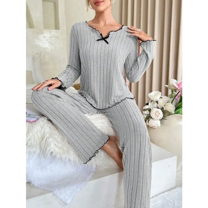 Women Autumn Winter Sleepwear Ribbed Pajamas Set Long Sleeve Top and Long Pants 2 Piece Set Casual Home wear Loungewear