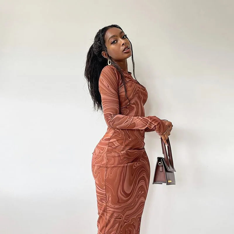 Long Sleeve Bodycon Dresses For Women Evening Party Clothes O-neck Mid Calf Sexy Vestidoes De Mujer One Piece Outfits Streetwear