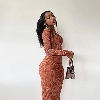 Long Sleeve Bodycon Dresses For Women Evening Party Clothes O-neck Mid Calf Sexy Vestidoes De Mujer One Piece Outfits Streetwear