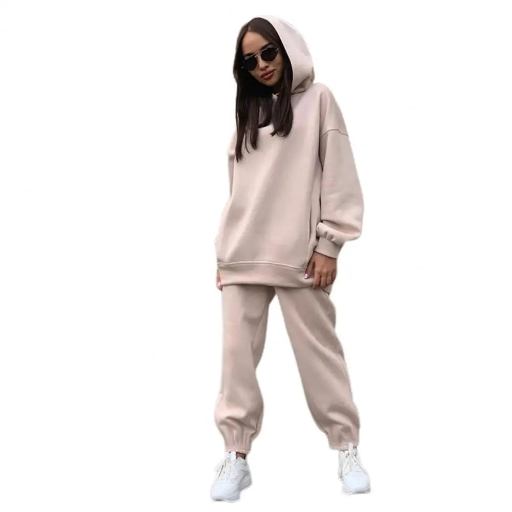2 Pcs/Set Chic Two Pieces Set Winter Hoodie Pants Set Solid Color Casual Deep Crotch Autumn Tracksuit Keep Warm
