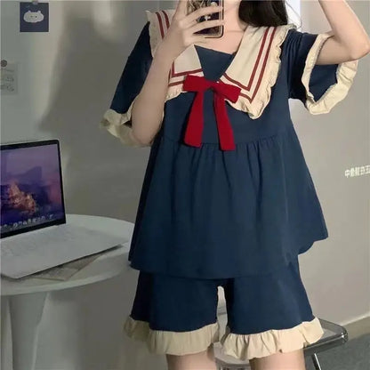 Pajamas Two-Piece Female Spring and Summer New Short-Sleeved Princess Navy Wind Sweet and Cute Students Cartoon Ladies Home wear