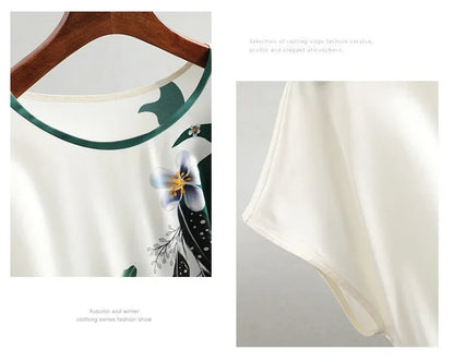 Plus Size Women Silk Satin Blouses Spring Summer Floral Printing Blouse Female Fashion Shirt Tops