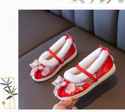 Kids Princess Embroidery Shoes Girls Winter Warm Cotton Shoes Traditional Chinese Style Children Hanfu Performance Flats Shoes