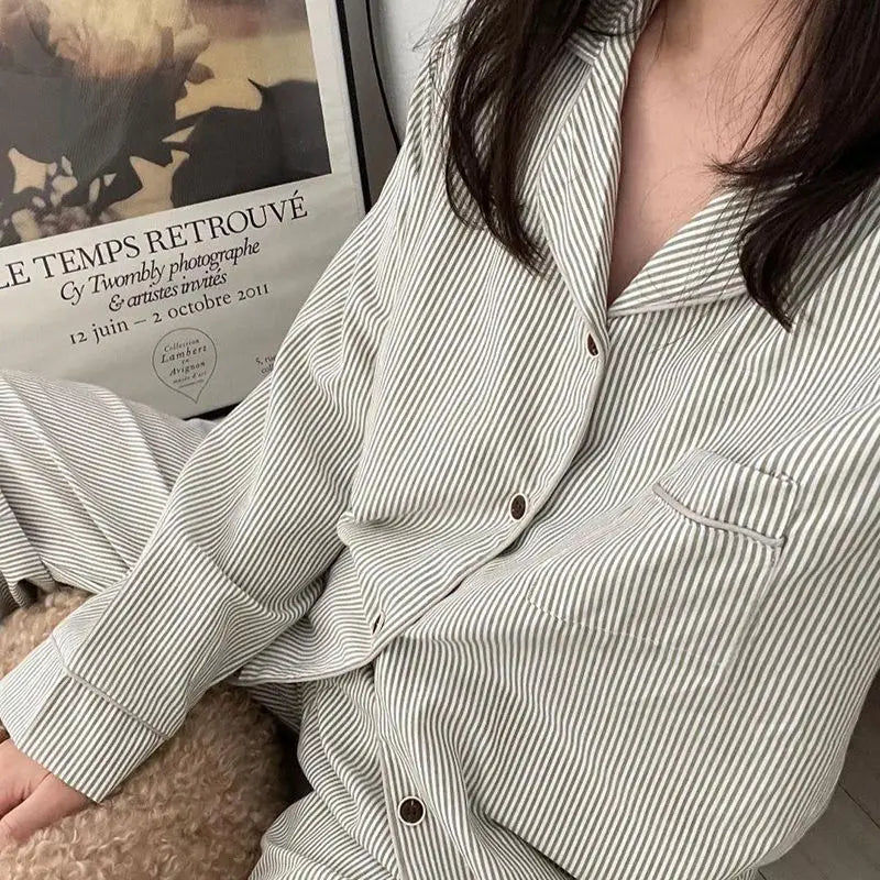Striped Sleepwear Women Pajama Sets Korean Pajama Autumn Pants Sets for Women 2 Pieces Button Night Wears Long Sleeve Home Suit