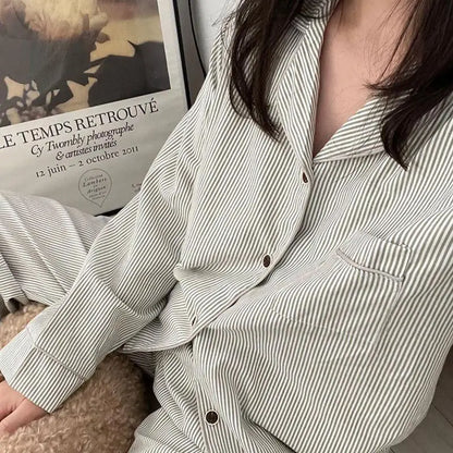 Striped Sleepwear Women Pajama Sets Korean Pajama Autumn Pants Sets for Women 2 Pieces Button Night Wears Long Sleeve Home Suit