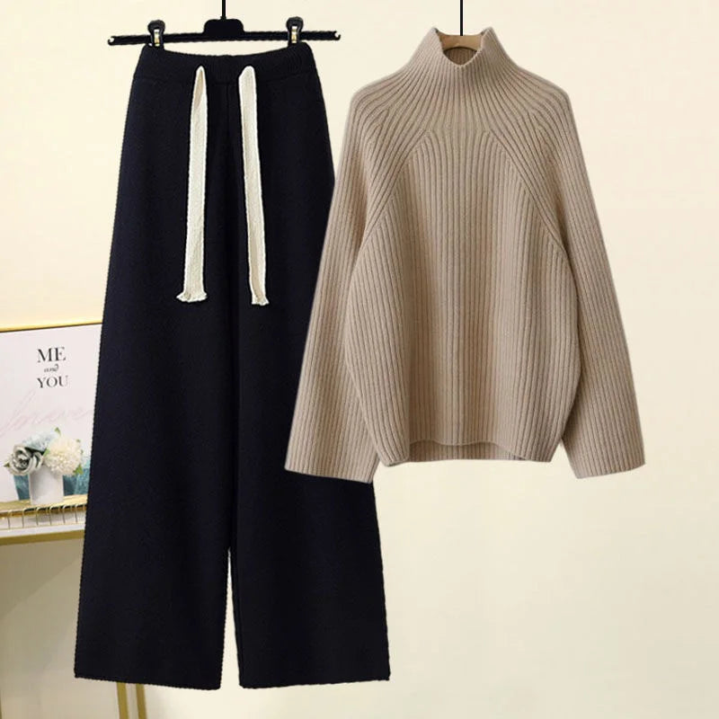 Winter Warm Knit wears Sets For Women Turtleneck Long Sleeve Pullover Sweater+ high Waist Wide Leg Drawstring Knitted Pants Sets