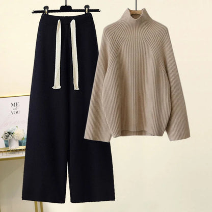 Winter Warm Knit wears Sets For Women Turtleneck Long Sleeve Pullover Sweater+ high Waist Wide Leg Drawstring Knitted Pants Sets