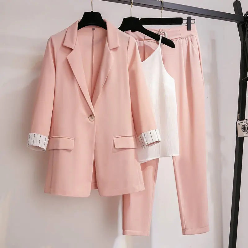 2025 spring new plus size Korean elegant women's suit female blazer leisure pants Tweed suit jacket three piece jacket pants set