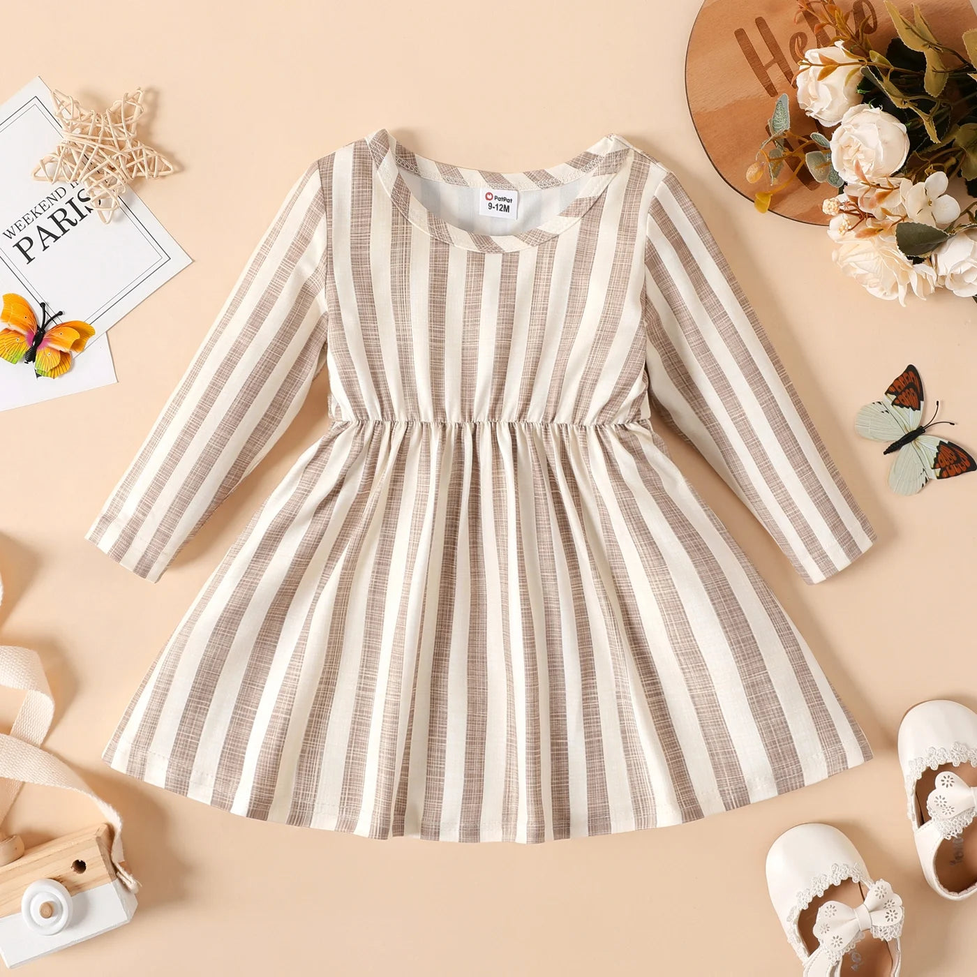 Pat Pat Newborn Dresses Baby Girl Clothes New Born Babies Kids Birthday Party Dress Ribbed Striped Long-sleeve Overalls Children