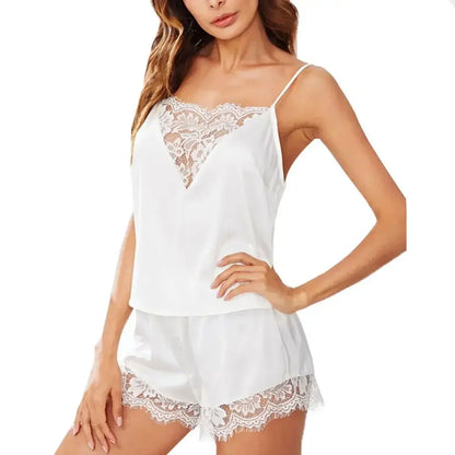 Spaghetti Strap Women Pajama Set Lace Satin Camisole Short Pan Vest Shorts Pajamas for Women Sleepwear Set