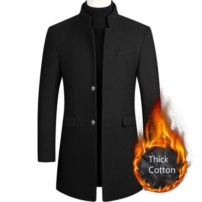Men's Autumn Winter Long Woolen Coats Men's Business Office Casual Slim Solid Wool Windbreaker Thicken Warm Trench Jacket