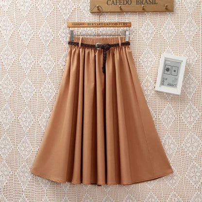 Midi Knee Length Summer Skirt Women With Belt  Fashion Korean Ladies High Waist Pleated A-line School Skirt Female