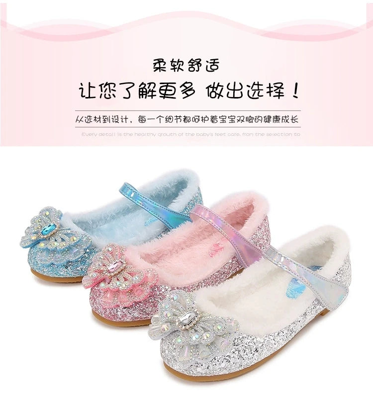Disney Autumn Fashion Pearl Bow Rhinestone Frozen Elsa Princess Girl Shoes Flat Kids Princess Warm Winter Shoes Size 23-36