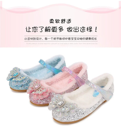 Disney Autumn Fashion Pearl Bow Rhinestone Frozen Elsa Princess Girl Shoes Flat Kids Princess Warm Winter Shoes Size 23-36