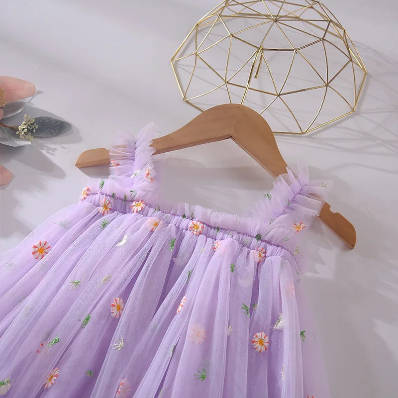 Hot New Baby Girl clothes High Quality Flower Embroidery Halter Mesh Little Girls Dress Cute Baby Dress Sweet Princess Frock