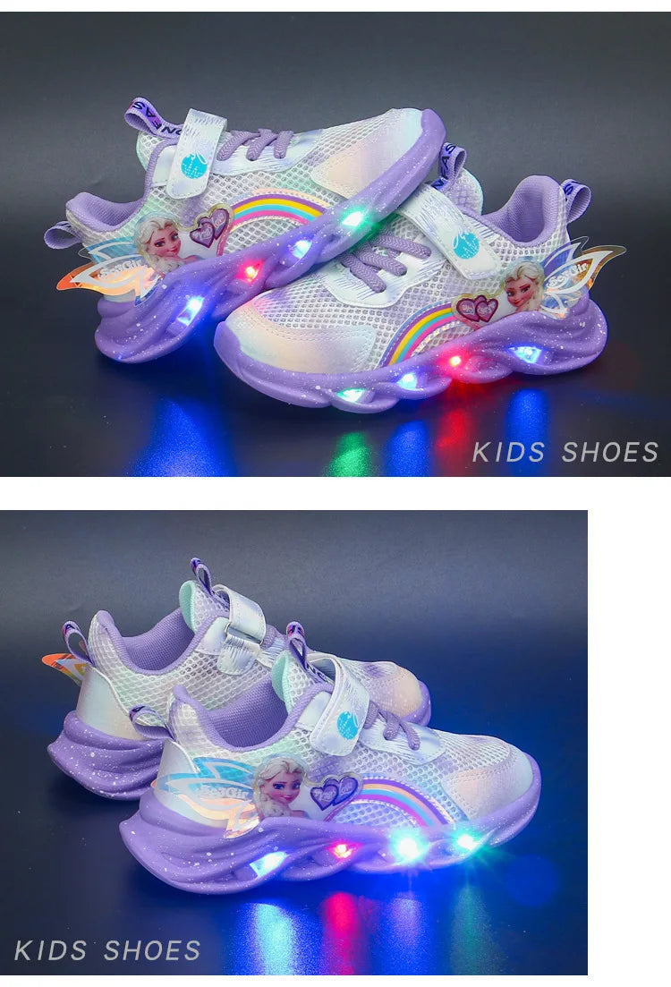 Disney Girls' Casual Shoes Led Lights Mesh Breathable Children's Sports  Princess Elsa Pink Purple Shoes Sneakers Size 22-37