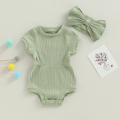 Newborn Baby Girl Clothes Solid Color Ribbed Knit Short Sleeve Romper Bodysuit Jumpsuit with Headband Summer Outfit