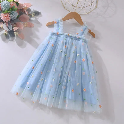 Hot New Baby Girl clothes High Quality Flower Embroidery Halter Mesh Little Girls Dress Cute Baby Dress Sweet Princess Frock