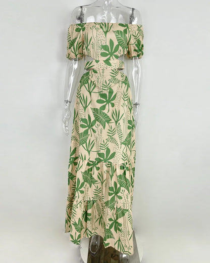 Women's Temperament Commuting Slim Fit Printing Hollow Lace up Large Swing Dress Women's Fashion Short Sleeve High Waist Dr