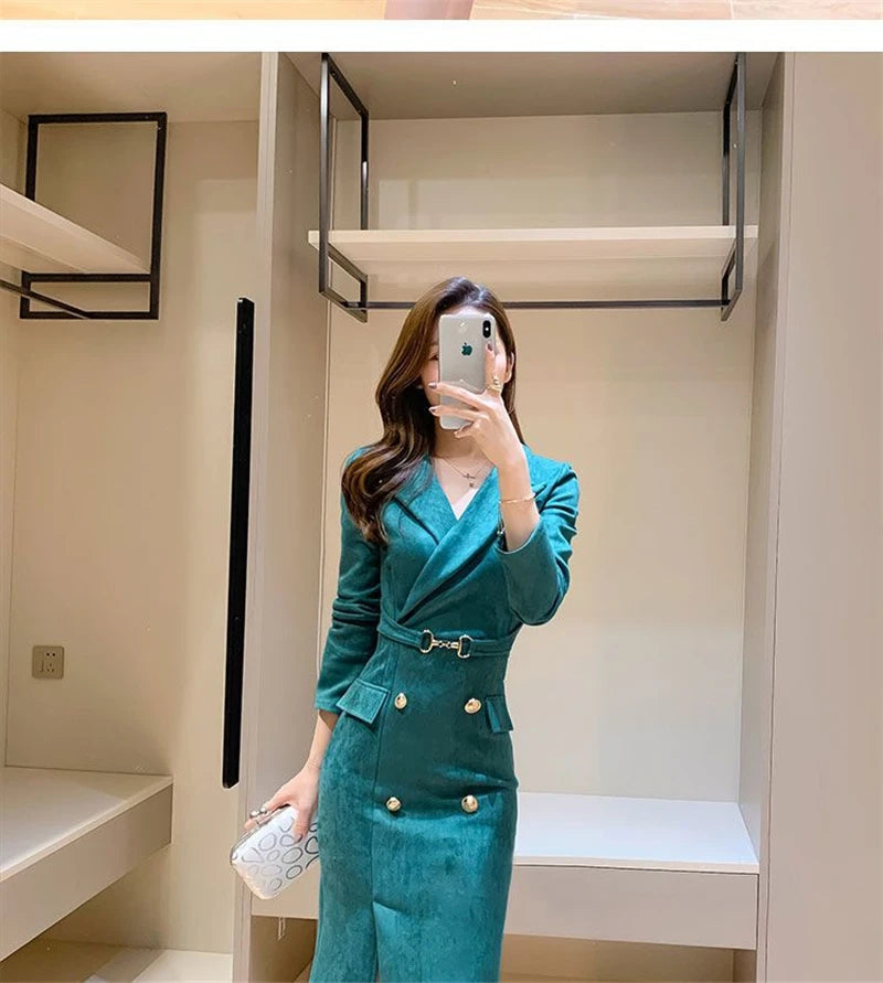 Office Lady Sexy Slim Blazer Dress Women Spring Korean Notched Collar Split Evening Party Dresses Elegant Midi Vestido De Fiest