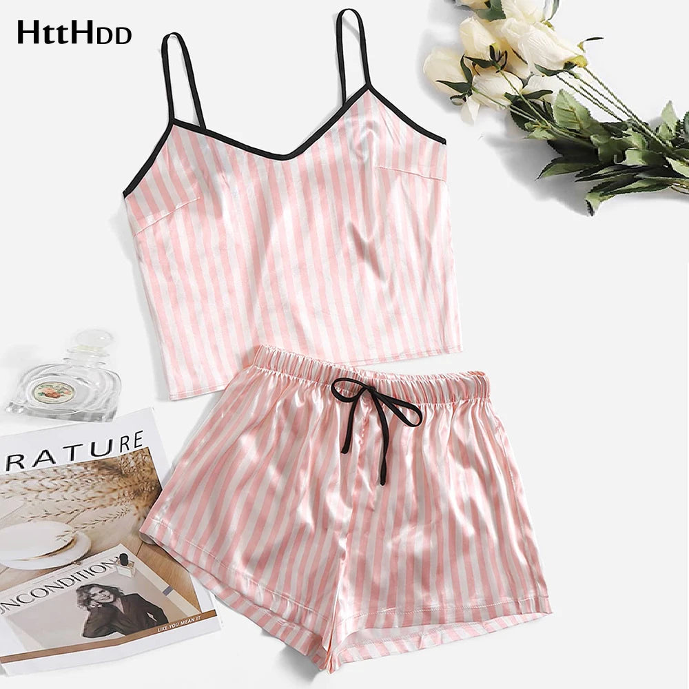 Women's Sexy Summer Pajama Sets Cartoon Pattern Pajamas Strap Sleeveless Satin Set Sleepwear Female Pajamas Nightwear Home Suit