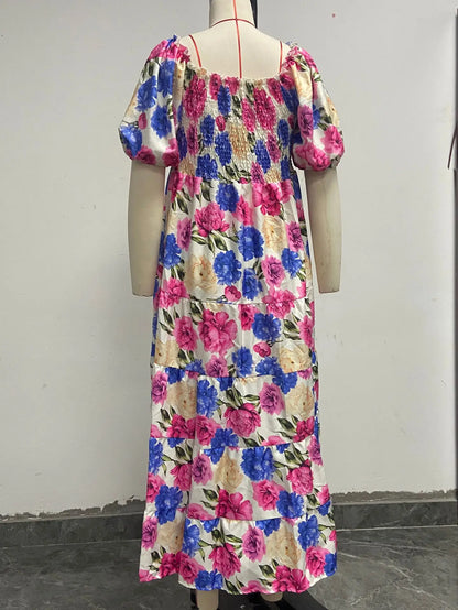 Elegant Women's Off Shoulder Midi Dress 2025 Summer Fashion dresses High Waist Flower Print Short  Sleeve Dress Robe Clothing