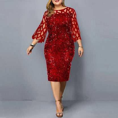 Elegant Sequin Plus Size 4XL 5XL Women Midi Dress Sexy Casual Evening Party Dress Gown Wedding Luxury Robe Rouge Vestidos