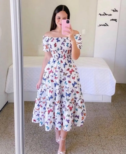 Elegant Women's Off Shoulder Midi Dress 2025 Summer Fashion dresses High Waist Flower Print Short  Sleeve Dress Robe Clothing