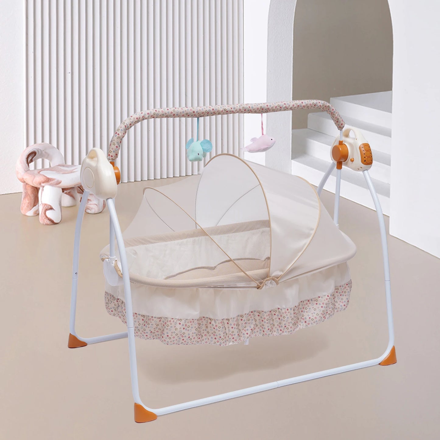 5 Gears Electric Auto-Swing Baby Crib Cradle Sleep Bed Infant Rocker + Net Music Bluetooth Music Adjustable+ Mat